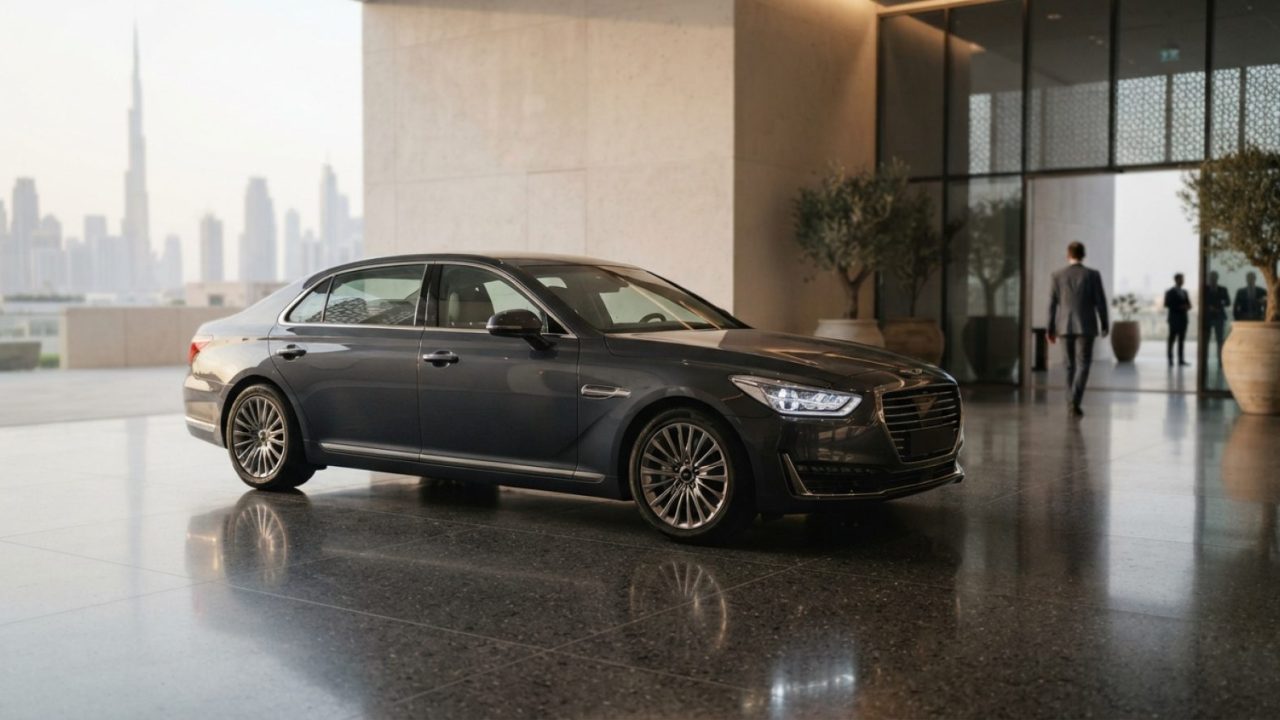 Illustration: A modern luxury full-size executive sedan parked on an immaculate reflective showroom floor in Dubai against a contemporary minimalist a