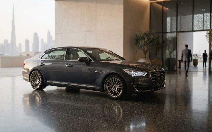 Illustration: A modern luxury full-size executive sedan parked on an immaculate reflective showroom floor in Dubai against a contemporary minimalist a