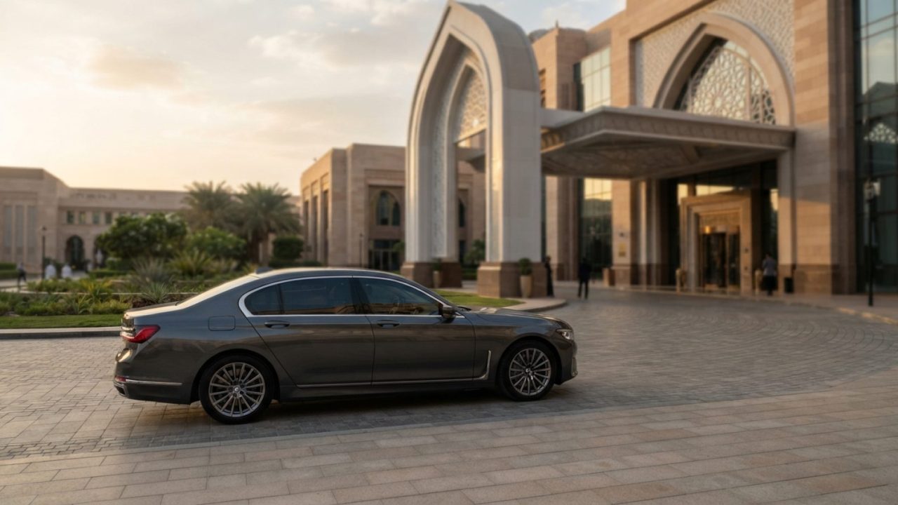 Illustration: A modern luxury full-size executive sedan parked along a paved grand entrance courtyard of a prestige palatial hotel in Abu Dhabi during