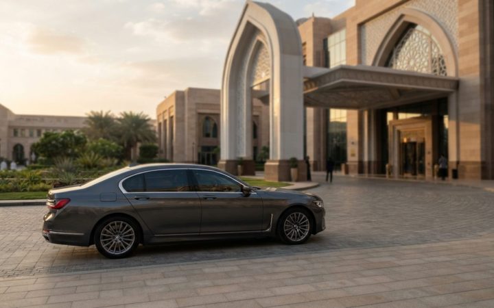 Illustration: A modern luxury full-size executive sedan parked along a paved grand entrance courtyard of a prestige palatial hotel in Abu Dhabi during