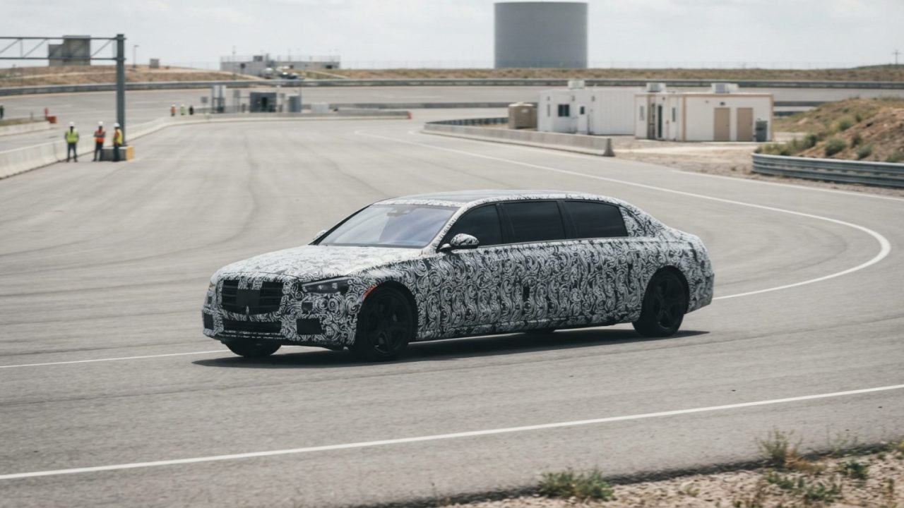 Illustration: A modern camouflaged full-size luxury executive limousine driving on an automotive proving ground test track under bright daylight, show