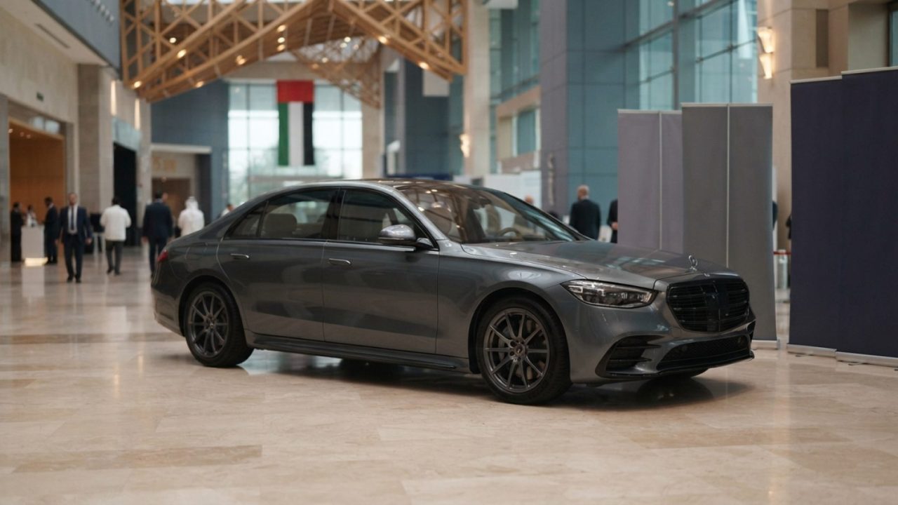 Illustration: A modern luxury executive sedan displayed inside an opulent marble-floored exhibition hall in Abu Dhabi, softly illuminated by architect