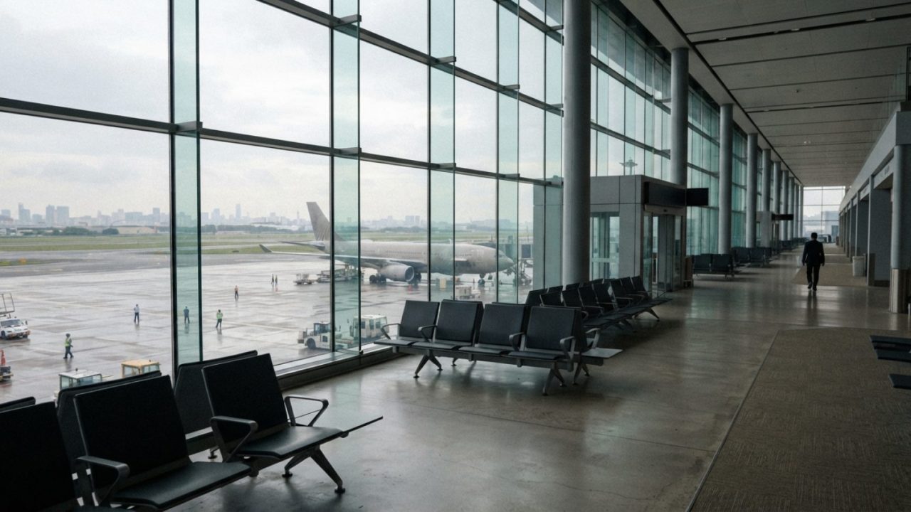Illustration: An empty modern airport terminal departure lounge with floor-to-ceiling glass windows overlooking tarmac and runways under an overcast s