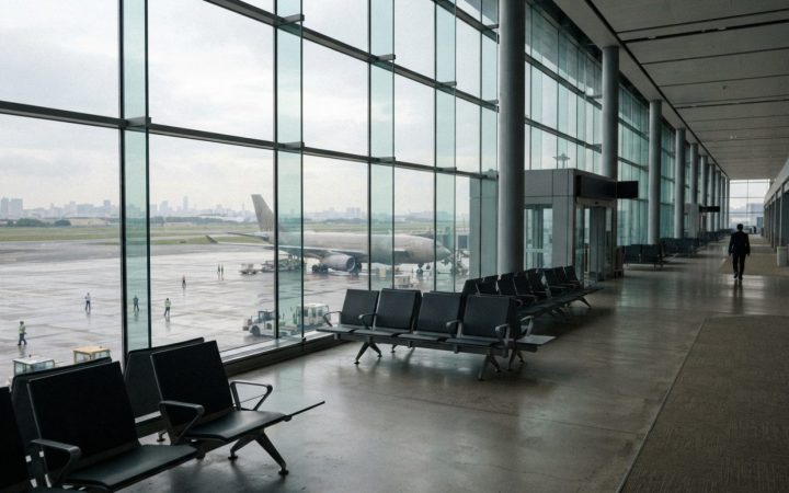 Illustration: An empty modern airport terminal departure lounge with floor-to-ceiling glass windows overlooking tarmac and runways under an overcast s
