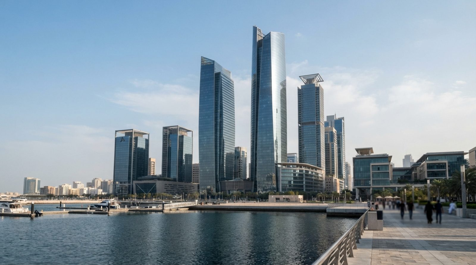 Illustration: Modern architectural view of the financial district skyscrapers on Al Maryah Island in Abu Dhabi under clear daylight, showcasing contem