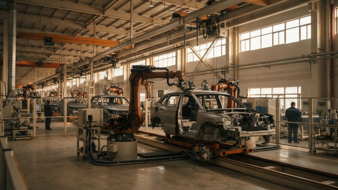 Illustration: Editorial photograph of a modern assembly line inside an advanced automotive manufacturing plant in China, showing sleek luxury SUV body