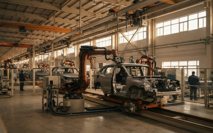 Illustration: Editorial photograph of a modern assembly line inside an advanced automotive manufacturing plant in China, showing sleek luxury SUV body
