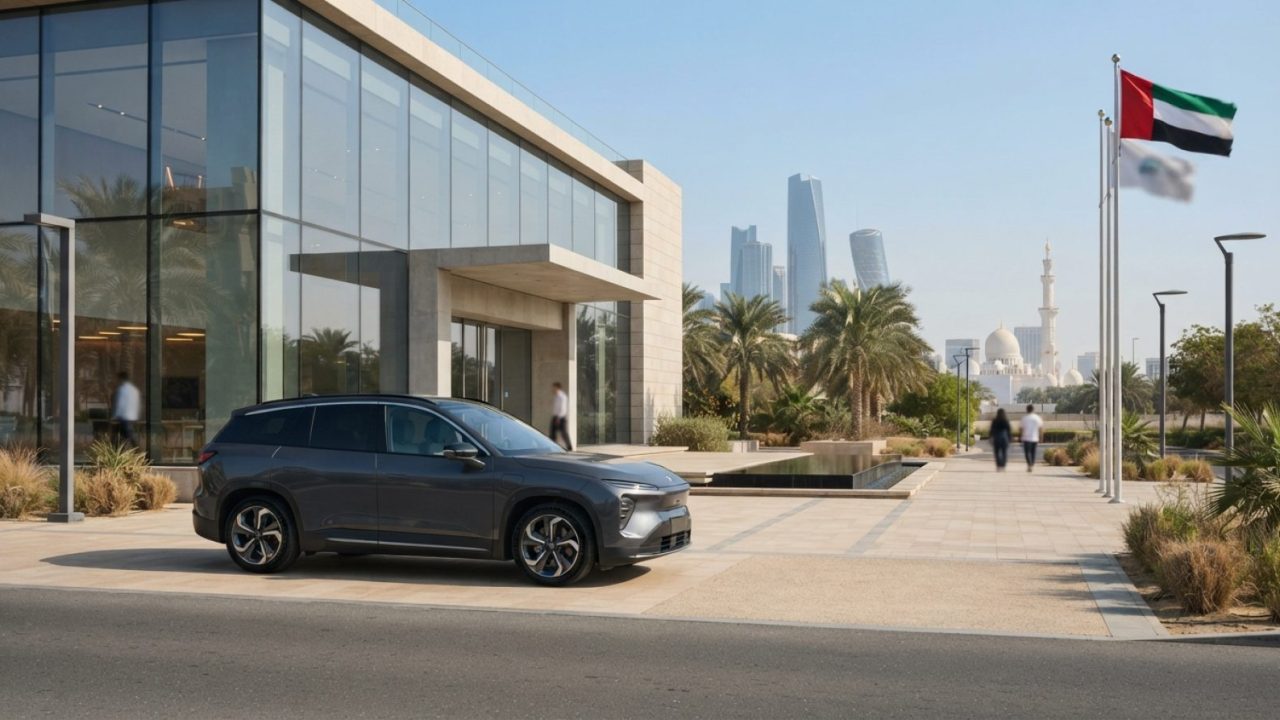 Illustration: A modern premium electric SUV parked outside a contemporary glass architectural showroom in a Middle Eastern city under bright daylight,