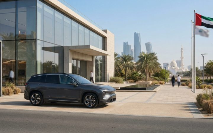 Illustration: A modern premium electric SUV parked outside a contemporary glass architectural showroom in a Middle Eastern city under bright daylight,