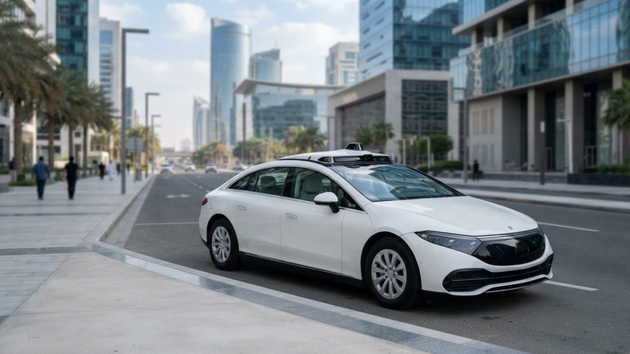 Illustration: A modern autonomous white electric sedan without a driver parked on a clean, sunlit contemporary smart city street, showing subtle rooft