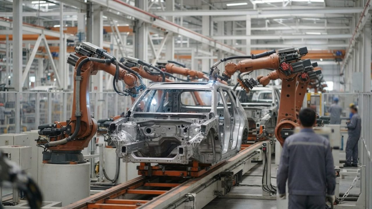 Illustration: Editorial photograph of modern automotive assembly line robotics assembling an SUV frame in a clean, brightly lit modern vehicle manufac