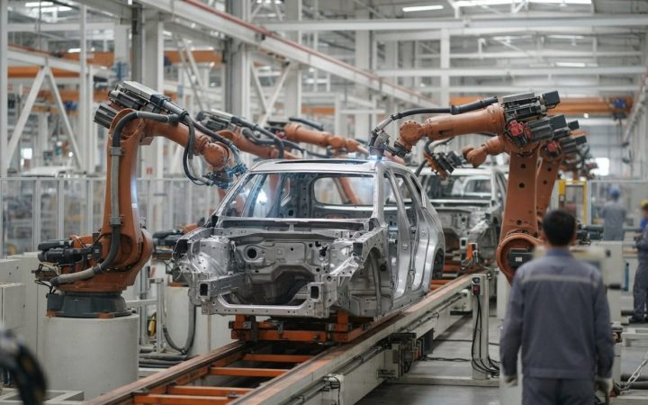 Illustration: Editorial photograph of modern automotive assembly line robotics assembling an SUV frame in a clean, brightly lit modern vehicle manufac