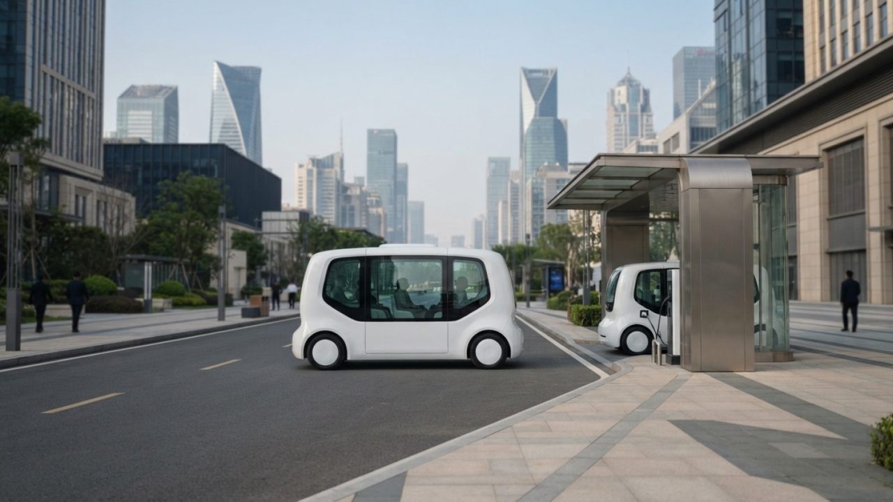 Illustration: A modern electric autonomous vehicle driving along a wide contemporary urban avenue with futuristic architecture and electric vehicle fa