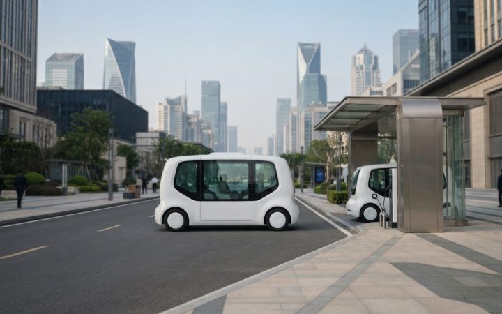 Illustration: A modern electric autonomous vehicle driving along a wide contemporary urban avenue with futuristic architecture and electric vehicle fa