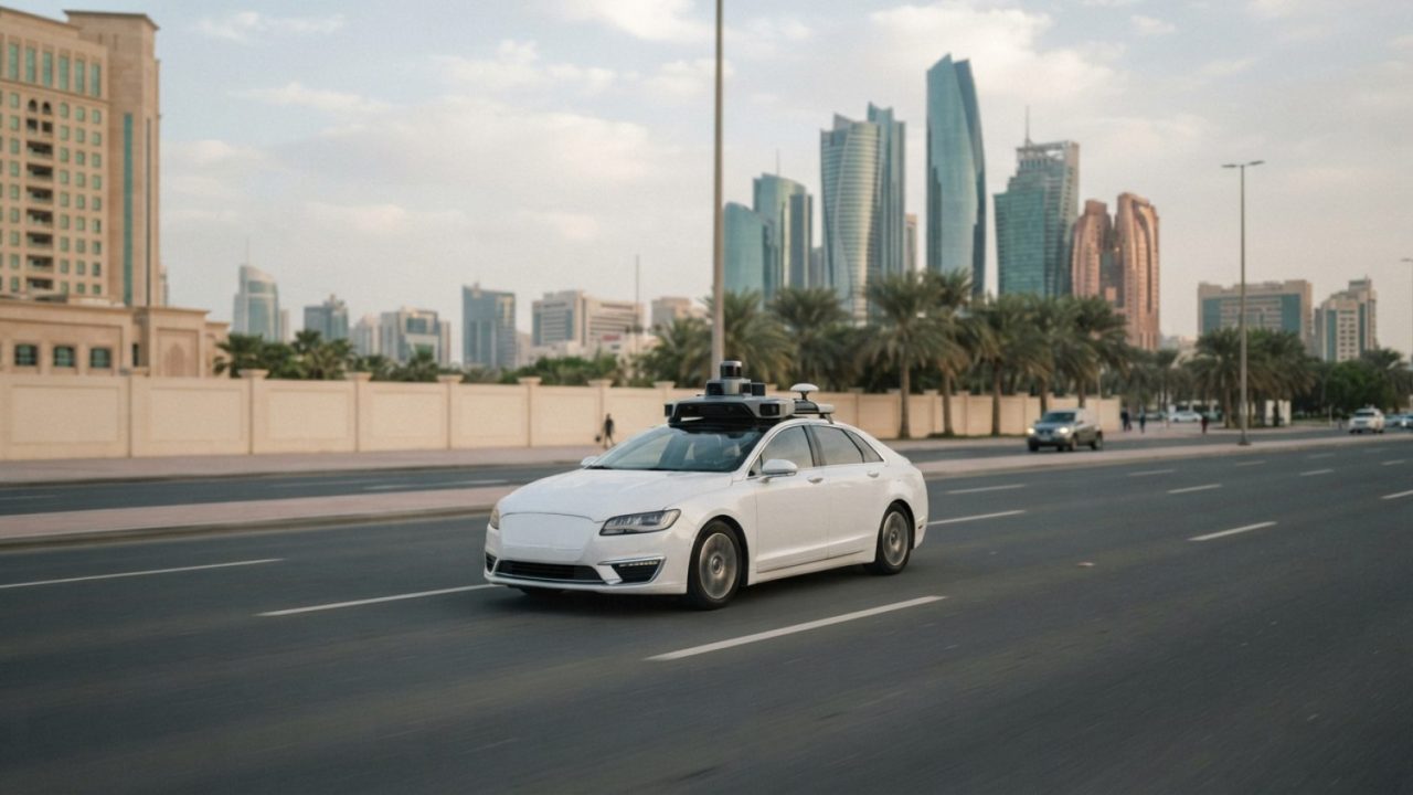 Illustration: A modern autonomous white electric passenger vehicle equipped with roof-mounted sensors and lidar units cruising on a multi-lane paved r