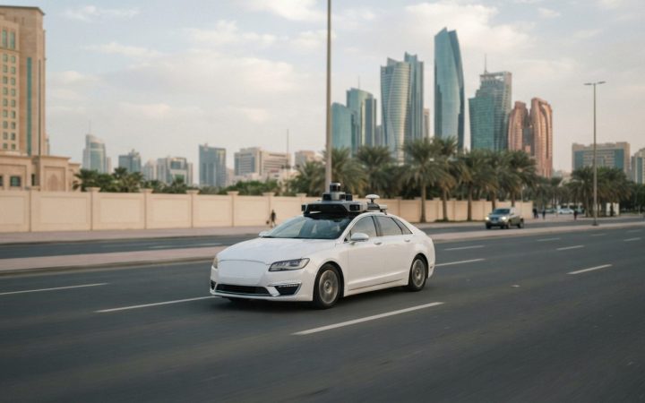 Illustration: A modern autonomous white electric passenger vehicle equipped with roof-mounted sensors and lidar units cruising on a multi-lane paved r