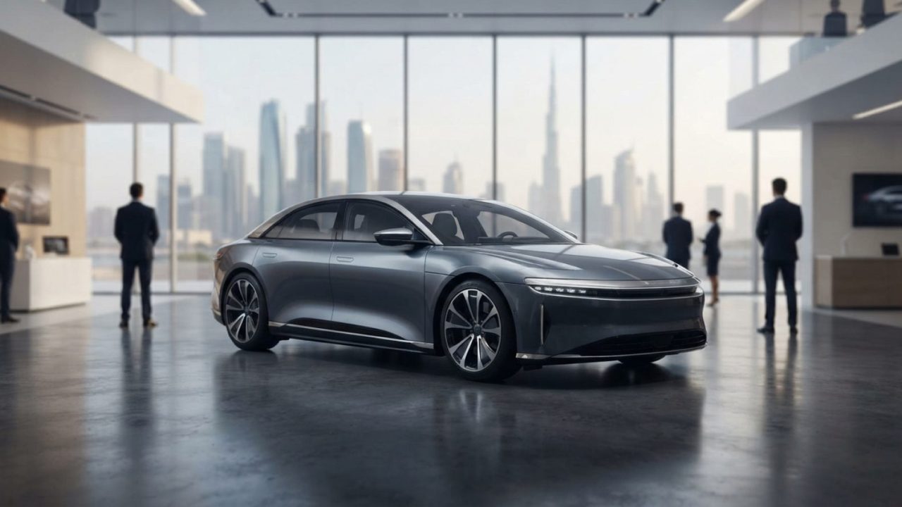 Illustration: A sleek modern luxury electric vehicle displayed in a brightly lit, minimalist automotive showroom with large floor-to-ceiling windows s