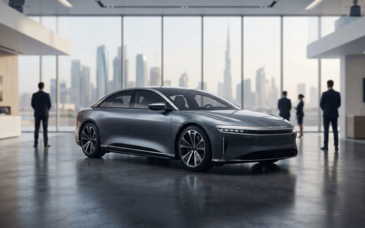 Illustration: A sleek modern luxury electric vehicle displayed in a brightly lit, minimalist automotive showroom with large floor-to-ceiling windows s