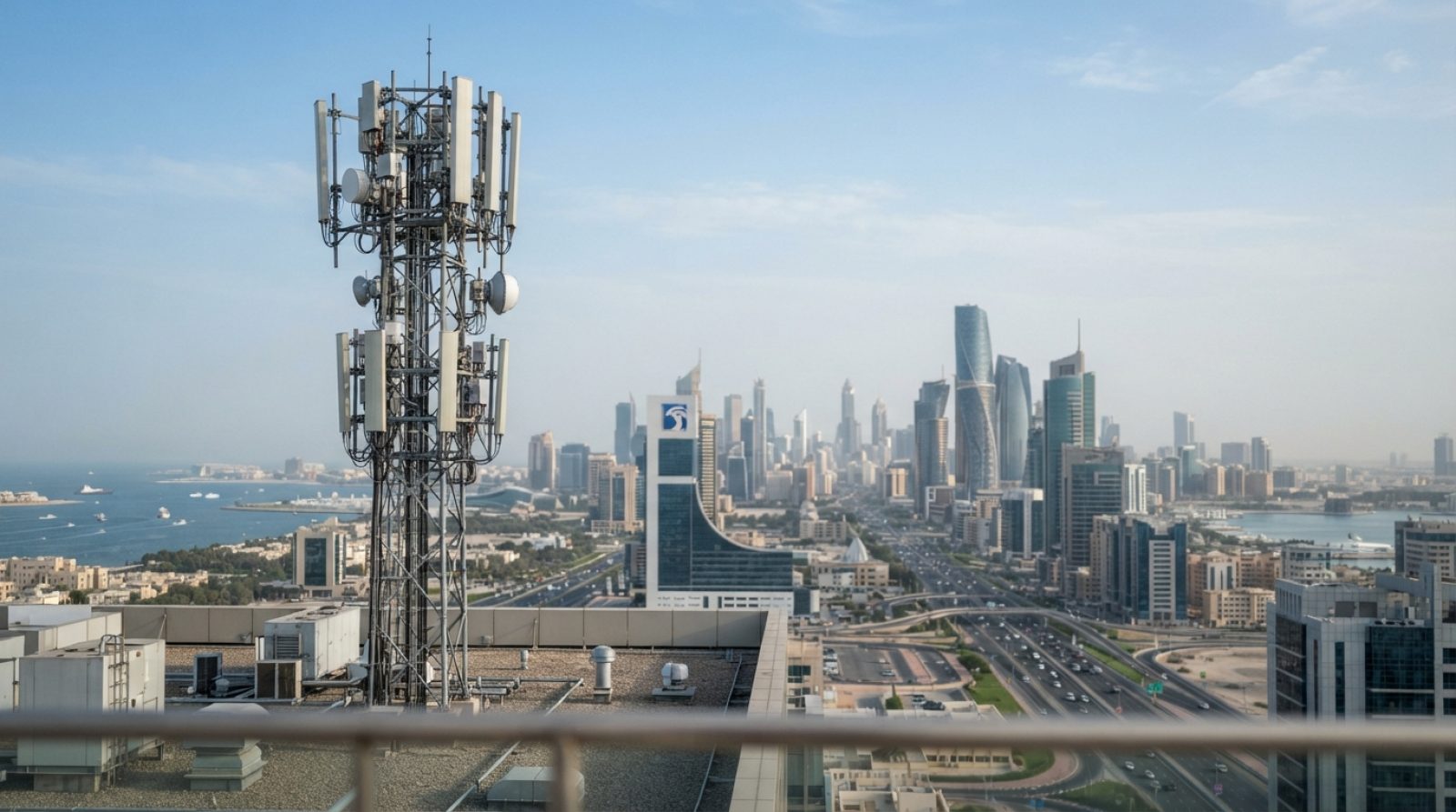 رسم توضيحي: برج اتصالات حديث وشاهق مجهز بهوائيات خلوية وأجهزة إرسال لشبكة 5G يطل على منطقة معاصرة مترامية الأطراف وعالية التقنية