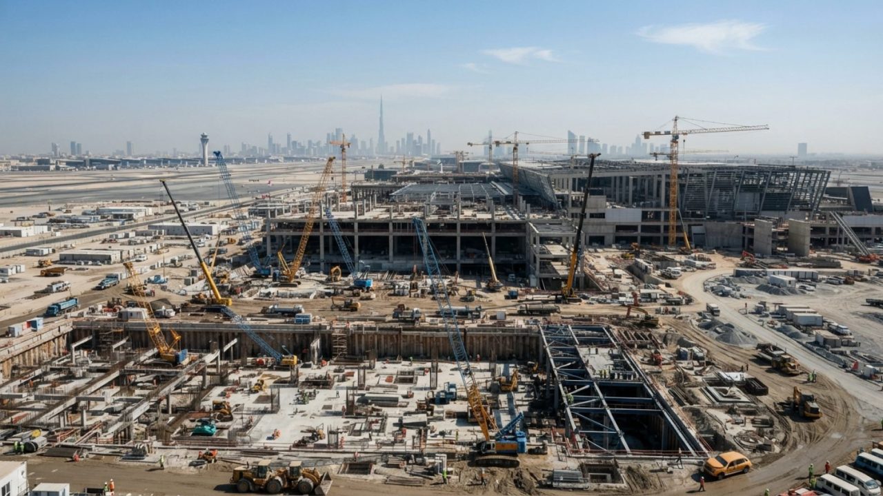 Illustration: A sprawling modern airport terminal construction site under a bright clear sky in Dubai, showing deep substructure foundation works, hea