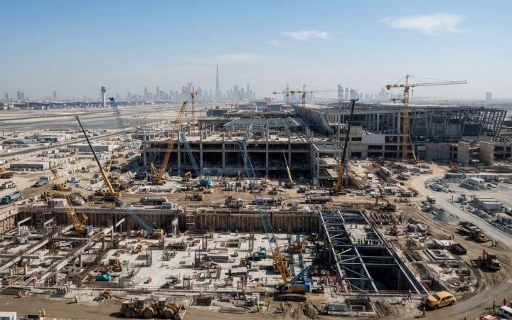 Illustration: A sprawling modern airport terminal construction site under a bright clear sky in Dubai, showing deep substructure foundation works, hea