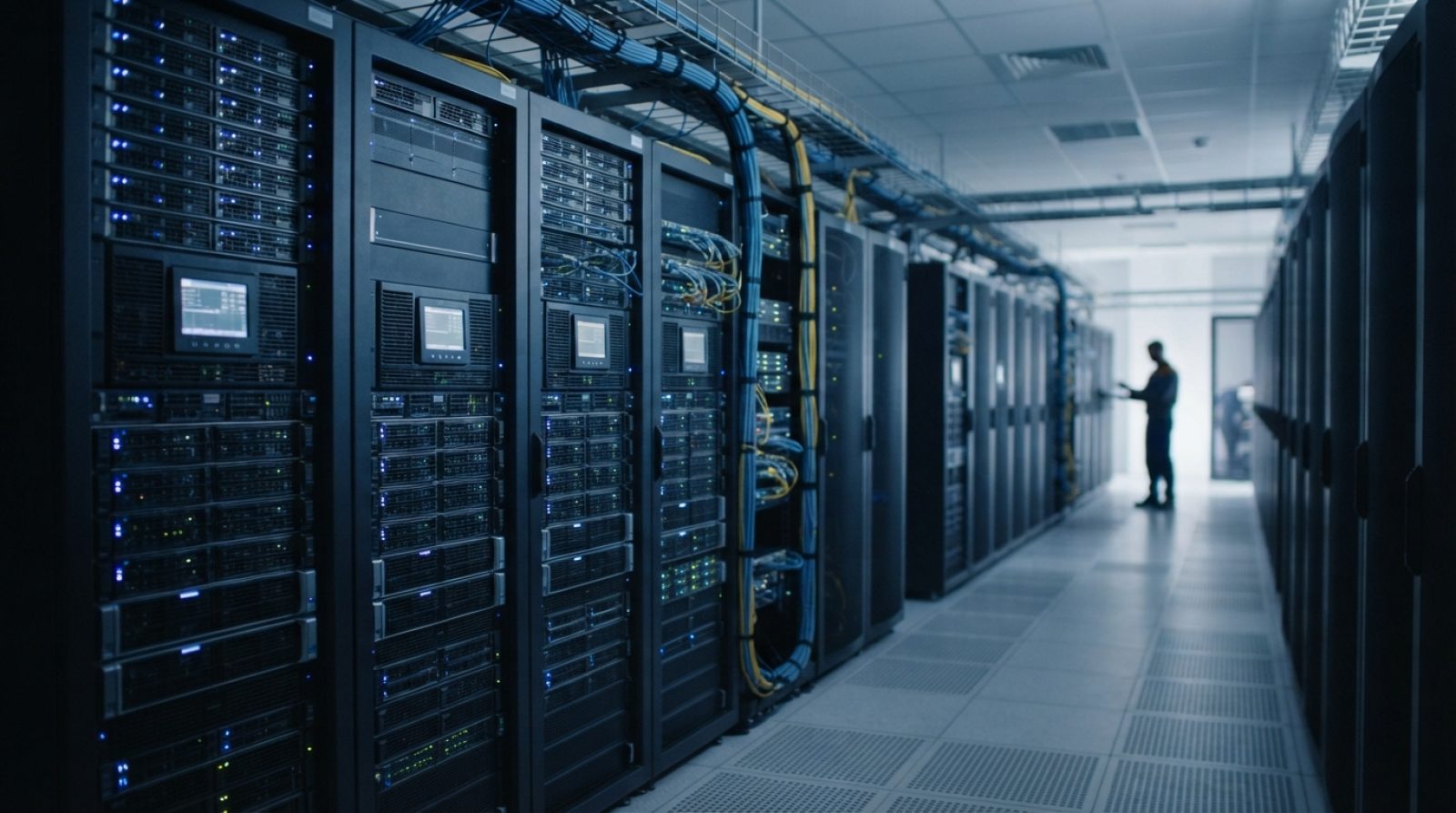 Illustration: Editorial news photograph showing modern enterprise data center server racks illuminated with blue and white LED status lights, displayi