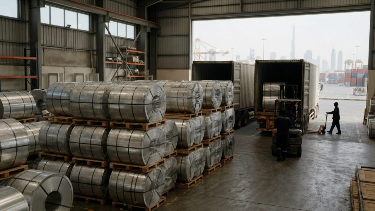 Illustration: Editorial photograph of massive rolls of manufactured industrial aluminum foil wrapped and stacked in an export warehouse beside open sh