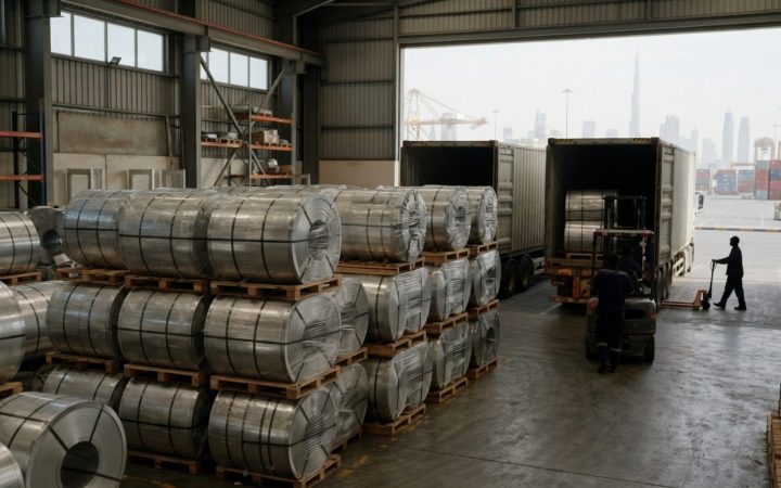 Illustration: Editorial photograph of massive rolls of manufactured industrial aluminum foil wrapped and stacked in an export warehouse beside open sh