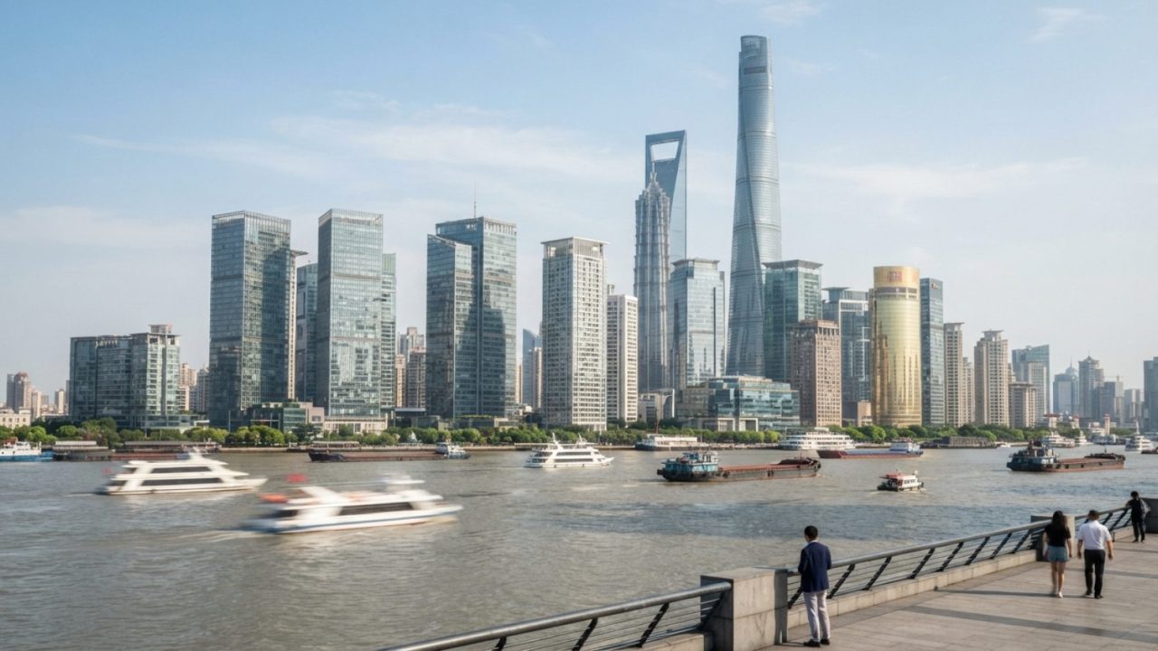 Illustration: Editorial photograph showing modern financial skyscrapers in a Chinese metropolis under clear daylight, with sleek architectural glass f