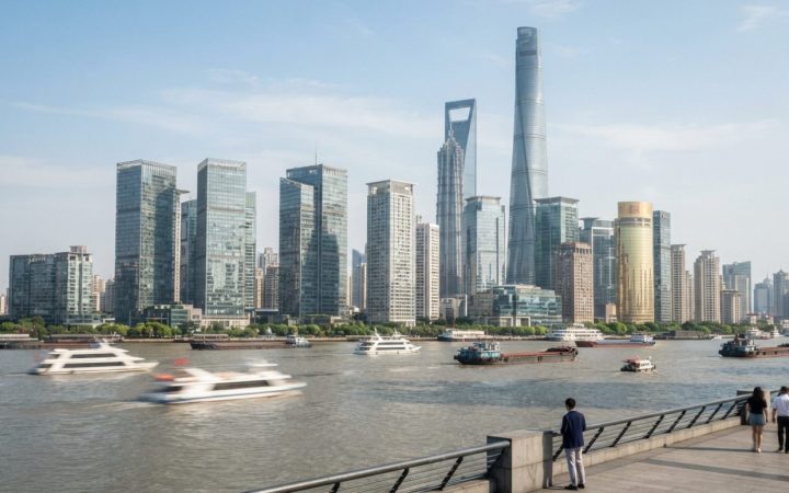 Illustration: Editorial photograph showing modern financial skyscrapers in a Chinese metropolis under clear daylight, with sleek architectural glass f