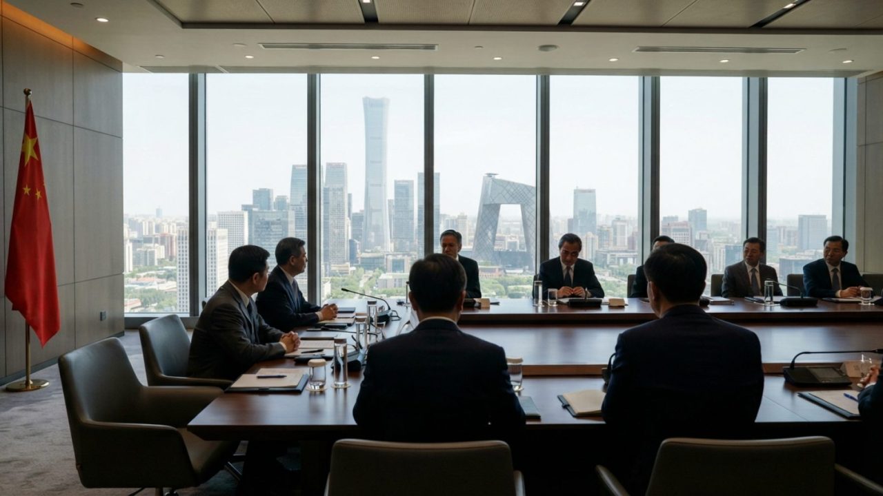 Illustration: A modern diplomatic conference room overlooking the Beijing financial district skyline at midday, featuring polished wooden tables, unde