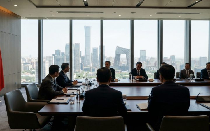 Illustration: A modern diplomatic conference room overlooking the Beijing financial district skyline at midday, featuring polished wooden tables, unde