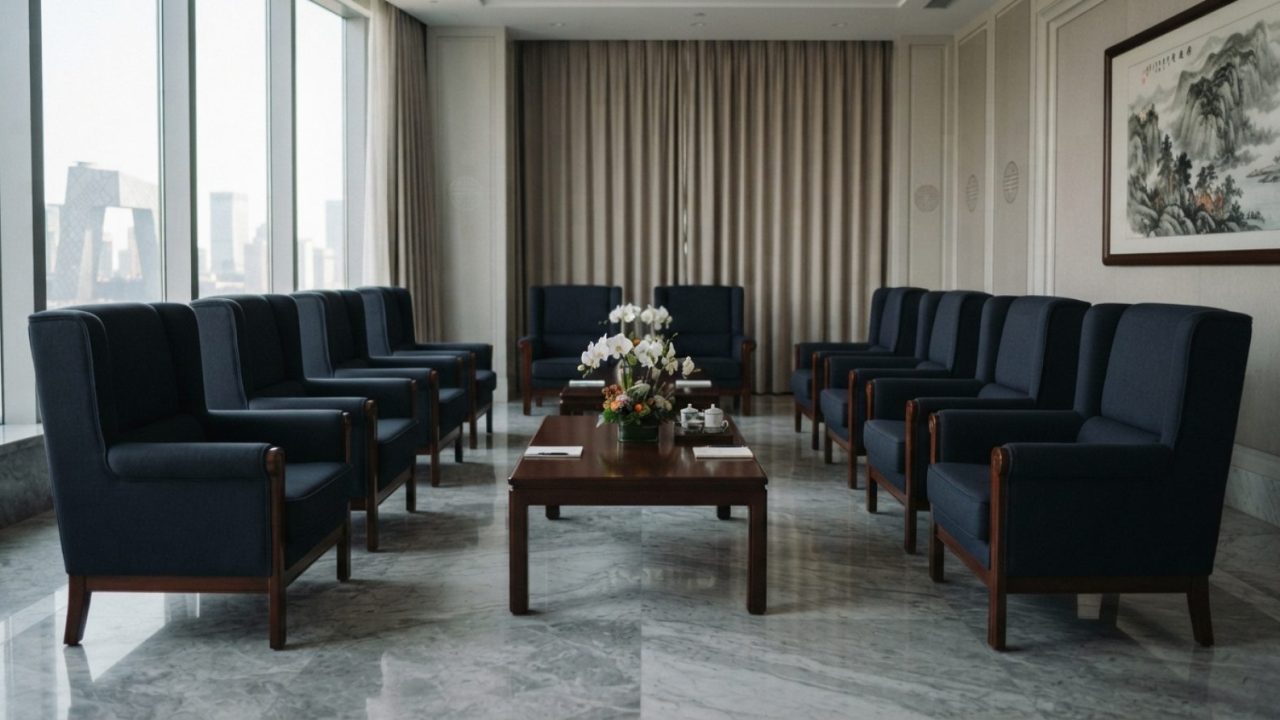 Illustration: An empty, formal diplomatic reception room in a modern government building in Beijing, featuring symmetric armchairs around a low wooden