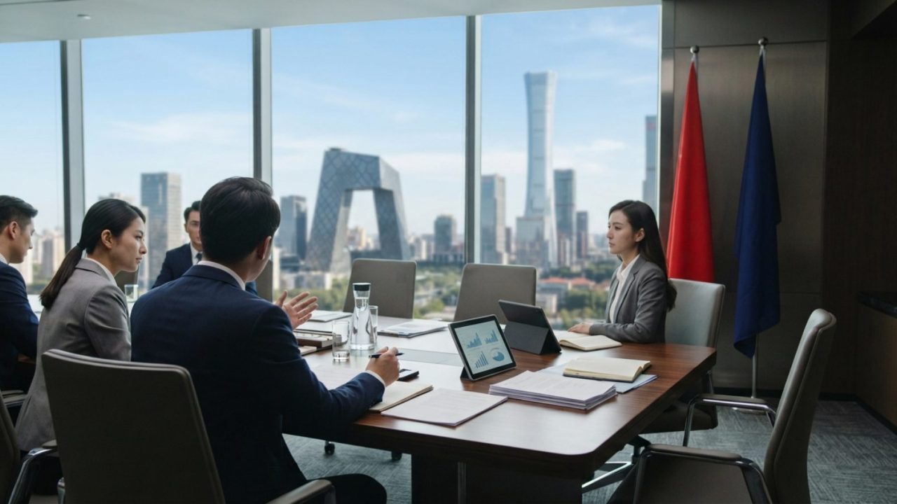 Illustration: A modern corporate boardroom overlooking the futuristic skyline of Beijing on a clear day, with business documents and digital tablets o