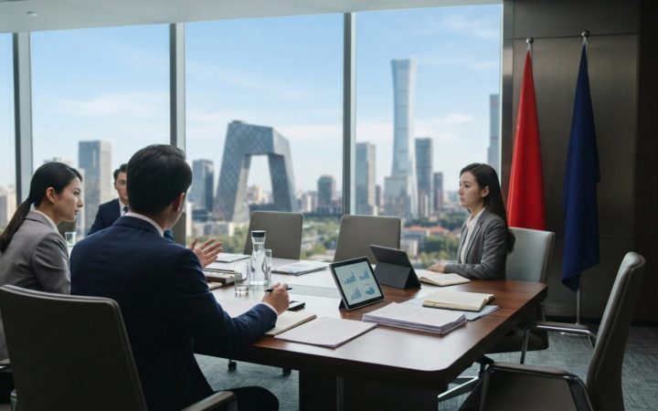 Illustration: A modern corporate boardroom overlooking the futuristic skyline of Beijing on a clear day, with business documents and digital tablets o