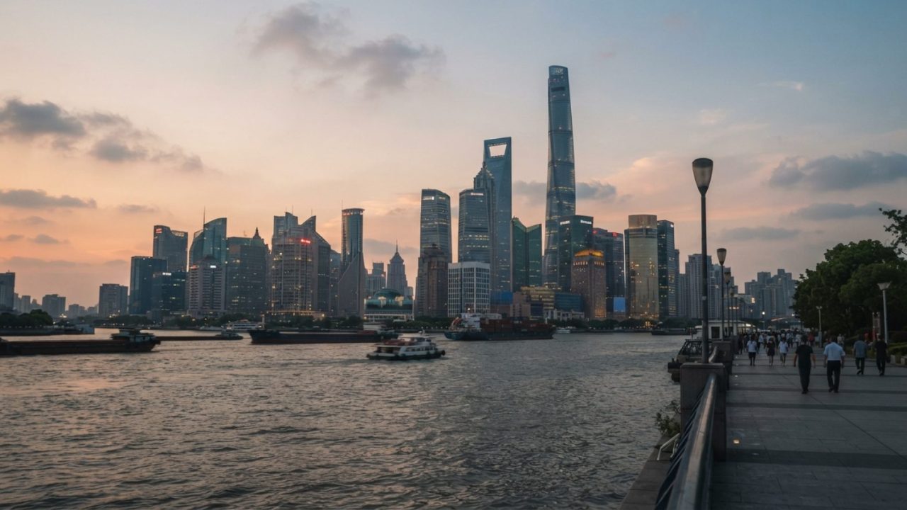Illustration: A modern financial office tower and modern skyline in a major Chinese metropolis viewed across water during sunset, with architectural g