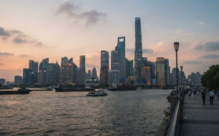 Illustration: A modern financial office tower and modern skyline in a major Chinese metropolis viewed across water during sunset, with architectural g