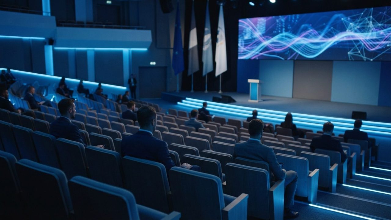 Illustration: A modern technological exhibition hall and international conference auditorium with rows of seating, dynamic ambient blue lighting, larg