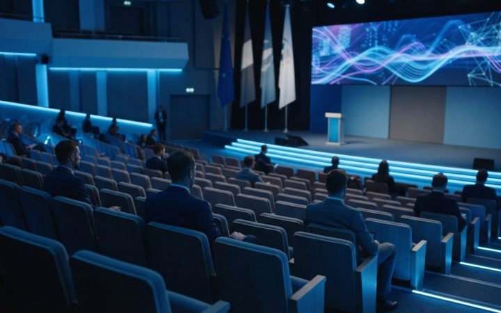 Illustration: A modern technological exhibition hall and international conference auditorium with rows of seating, dynamic ambient blue lighting, larg
