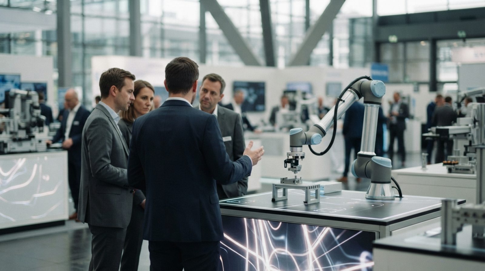Illustration: A modern technology trade hall featuring advanced robotic demonstrations and industrial displays, with international business executives