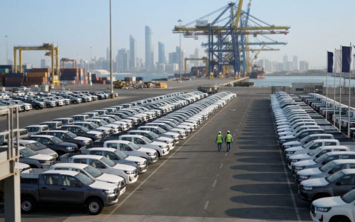 Illustration: Editorial photograph of modern pickup trucks neatly arranged in an export staging yard at an industrial shipping port terminal under cle