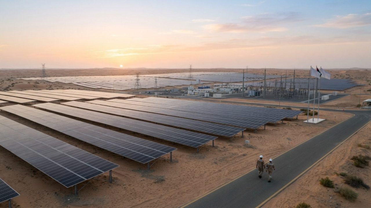 Illustration: A modern solar power plant and clean energy facility in a desert environment at sunrise, with photovoltaic panels stretching towards the