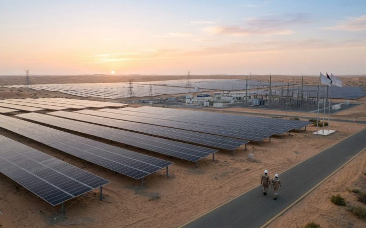 Illustration: A modern solar power plant and clean energy facility in a desert environment at sunrise, with photovoltaic panels stretching towards the