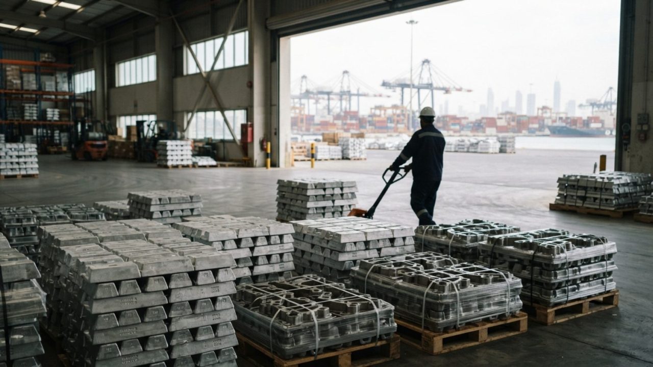 Illustration: Stacks of precision metal alloy ingots and finished die-cast metal components on wooden pallets inside a modern industrial warehouse adj