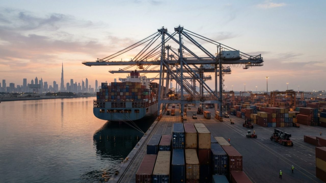 Illustration: A bustling deep-water commercial container terminal with large gantry cranes loading multi-colored shipping containers onto mega contain