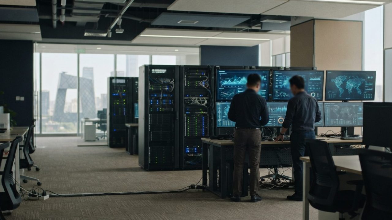 Illustration: A modern technological research and corporate office setting in Beijing featuring servers and digital data visualization monitors, taken