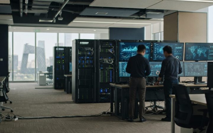 Illustration: A modern technological research and corporate office setting in Beijing featuring servers and digital data visualization monitors, taken