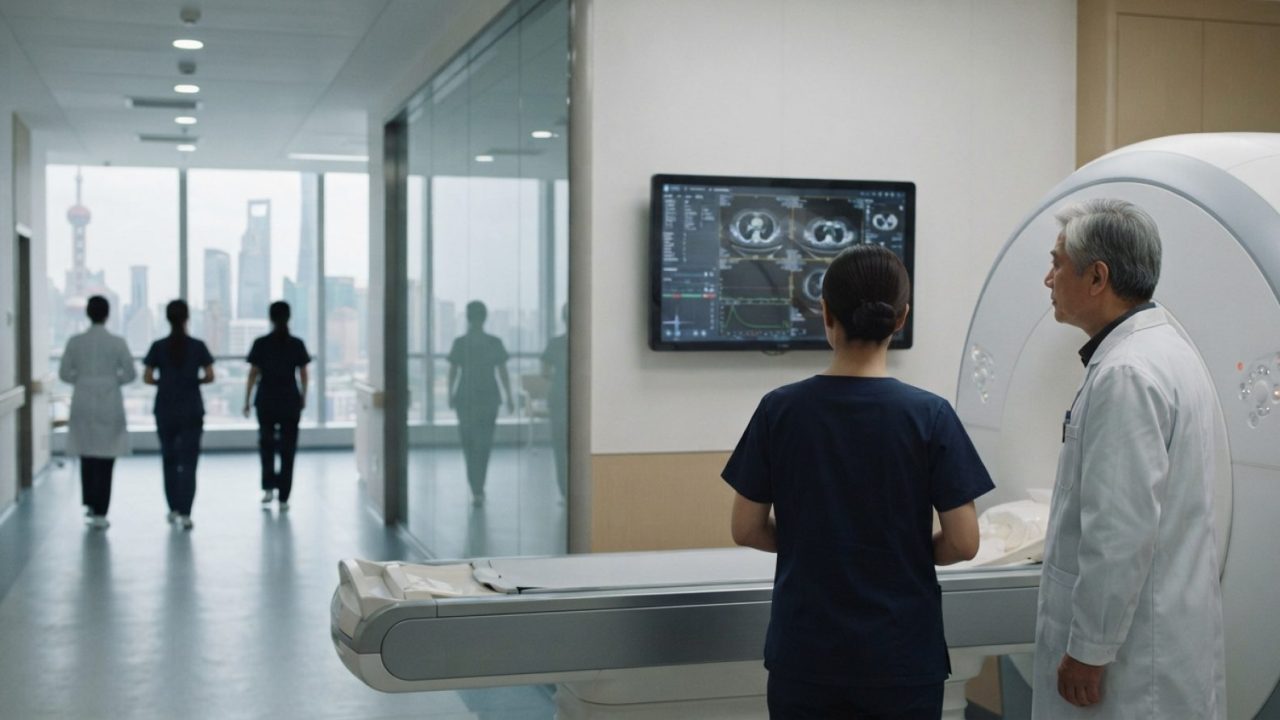Illustration: Editorial photograph showing modern medical equipment and senior healthcare technology in an advanced hospital facility in China, soft p