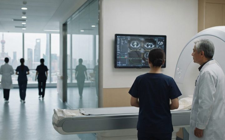 Illustration: Editorial photograph showing modern medical equipment and senior healthcare technology in an advanced hospital facility in China, soft p