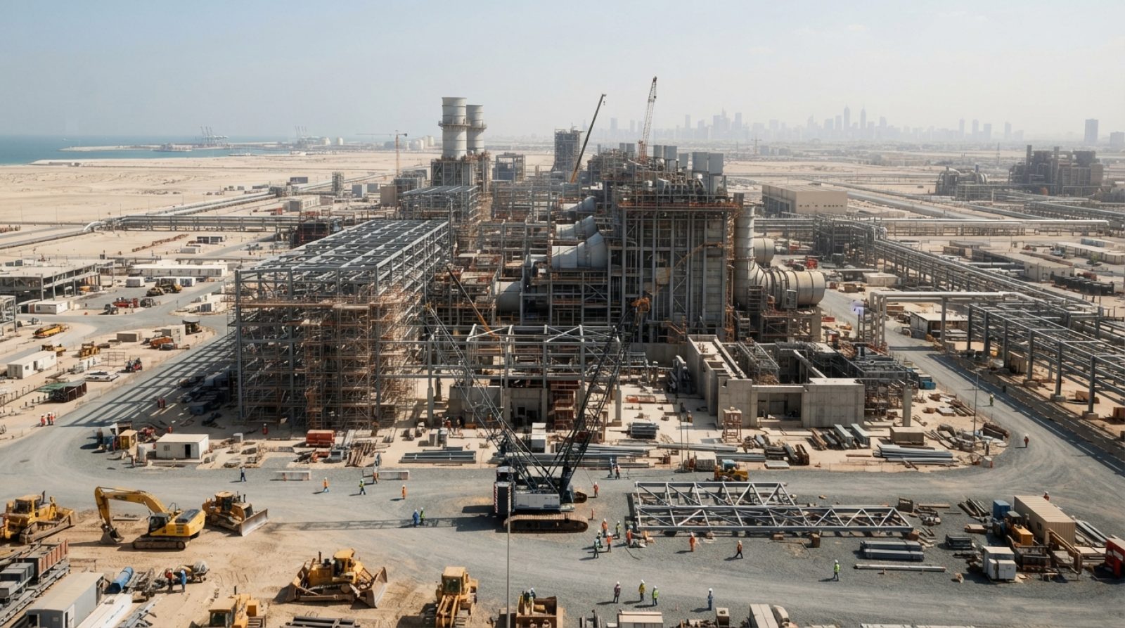 Illustration: Heavy industrial construction site of a large combined-cycle power plant under a clear desert sky, with earthmoving machinery, concrete